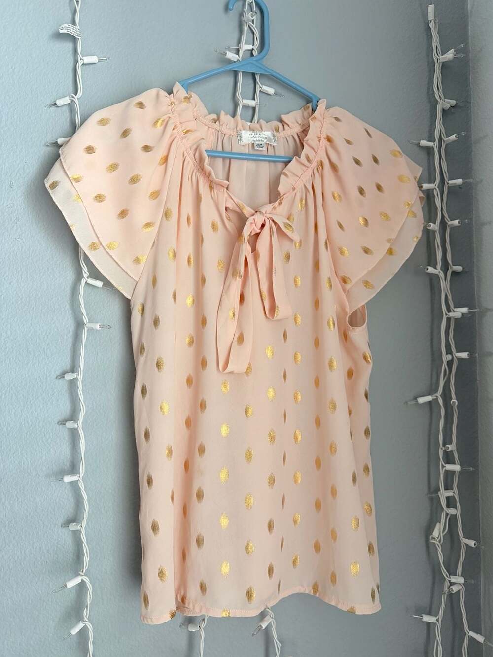 Shannon Ford New York Petite Gold Polka Dot Tie-Neck Blouse, Size PM - Picture 4 of 10